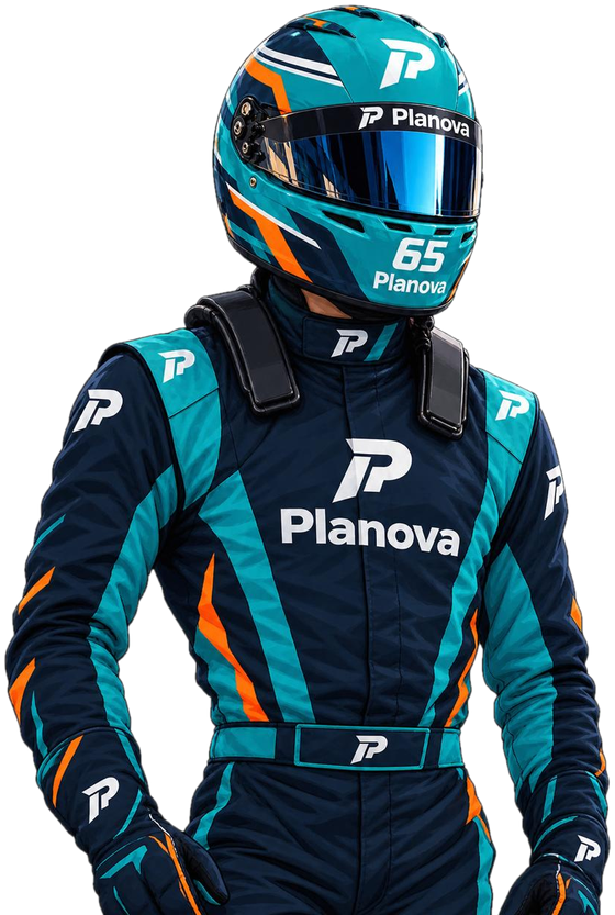 Piloto de Planova con traje y casco del equipo